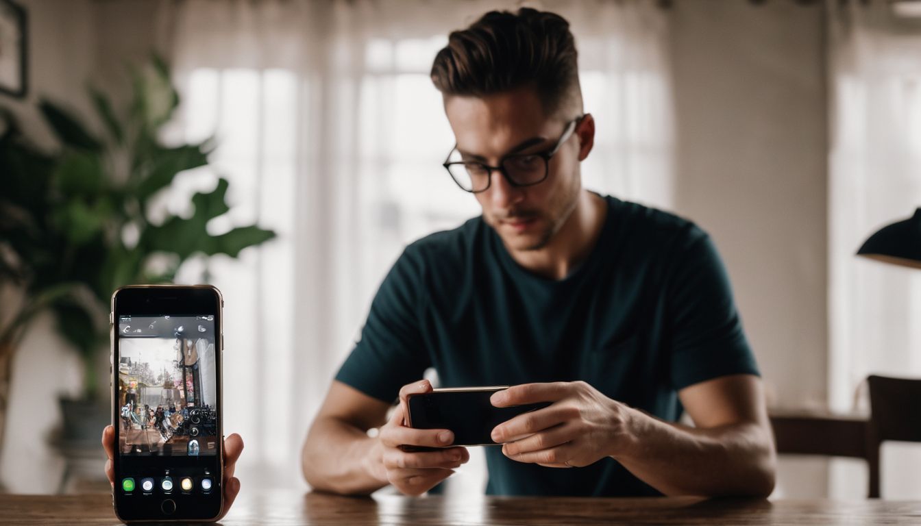 A person examines an iPhone touchscreen in a well-lit room.